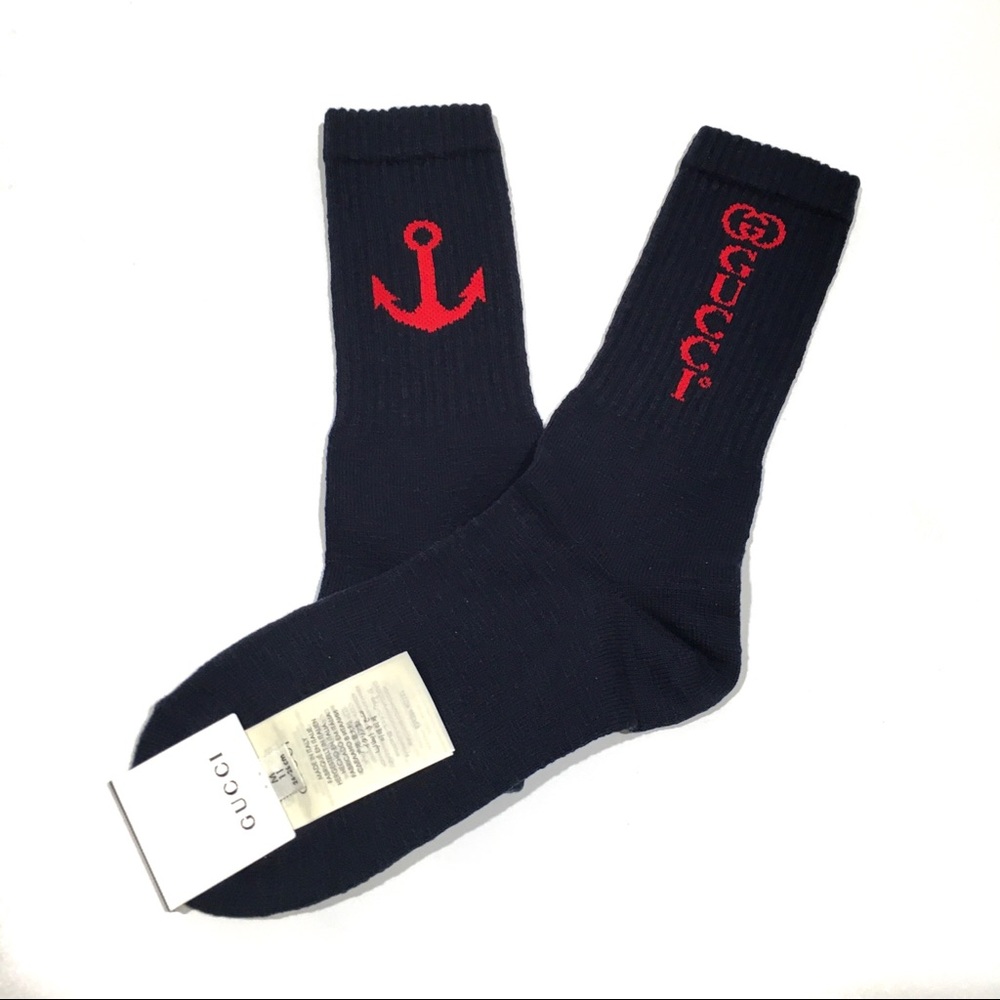 Gucci GG Navy Blue Anchor Cotton Blend Socks -Size M 24-26cm -NWT